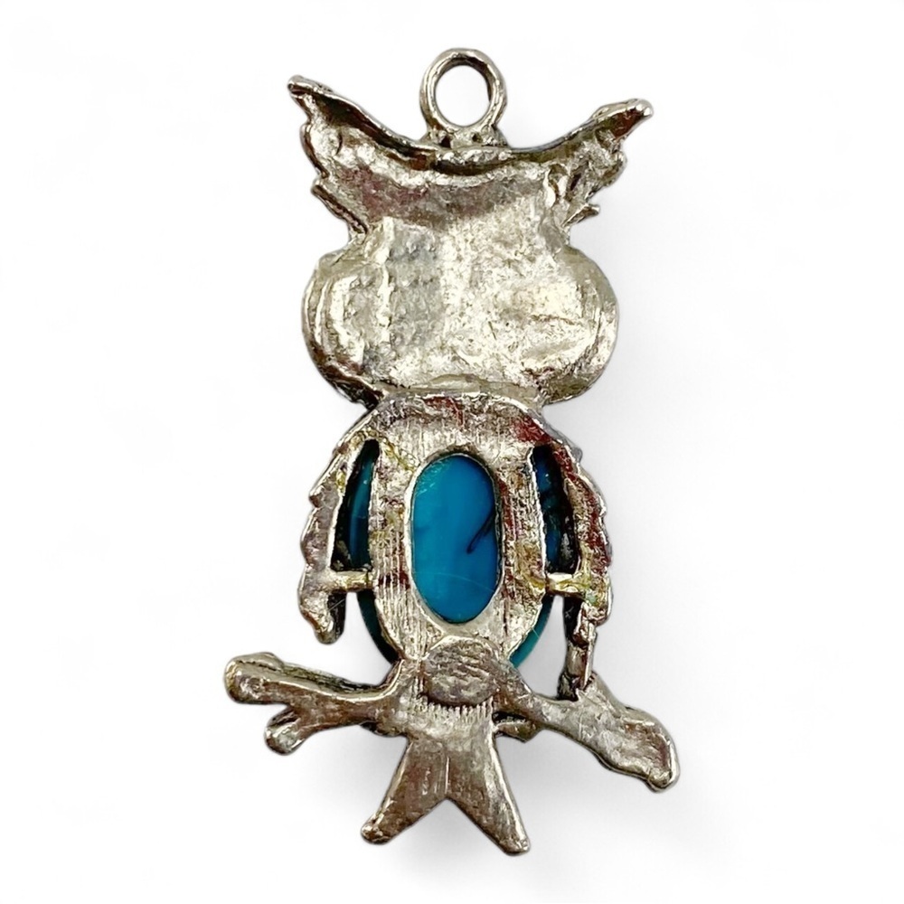 Vintage Figural Owl Pendant MCM Turquoise Colored Jelly Belly Silver Tone - Picture 3 of 4
